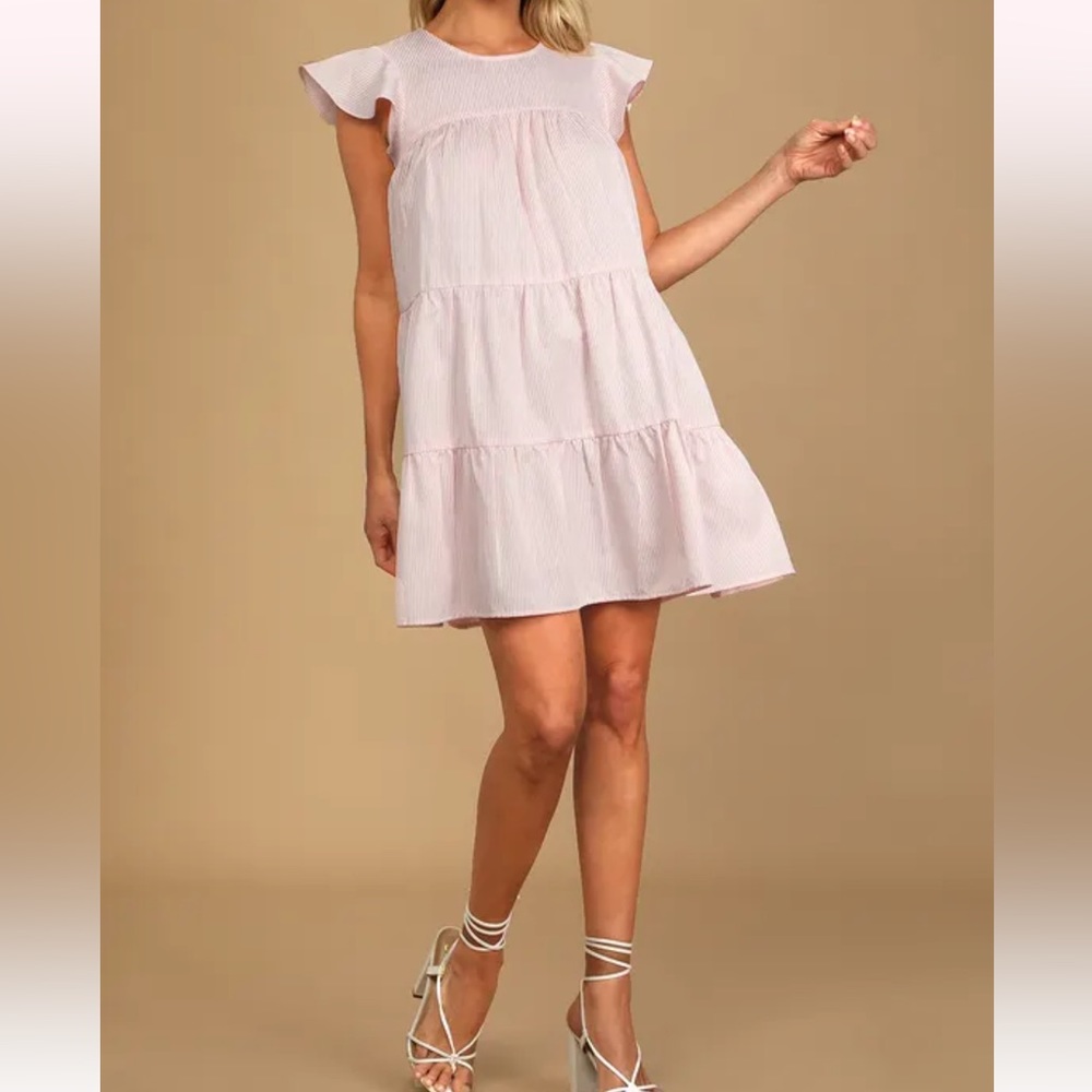 NWT- Lulus- Picnic Perfect Pink Gingham Tiered Babydoll Dress- Size Small